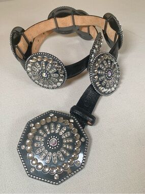 TONY LAMA Black Ostrich leather Western Concho Belt with Rhinestone Accents